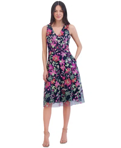 JESSICA HOWARD PETITE EMBROIDERED-FLORAL SLEEVELESS V-NECK FIT & FLARE DRESS