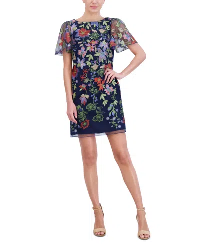 Jessica Howard Petite Embroidered Mesh Sheath Dress In Navy Multi