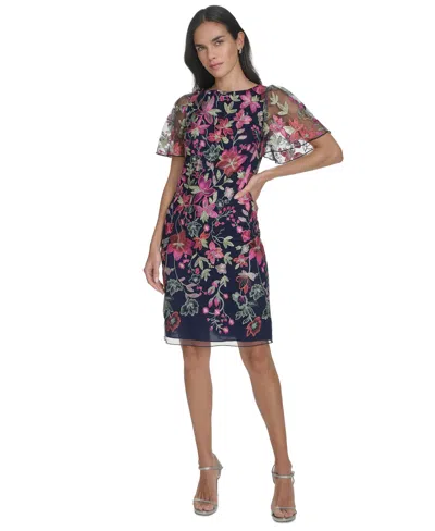 Jessica Howard Petite Embroidered Short-sleeve Mesh Dress In Multi