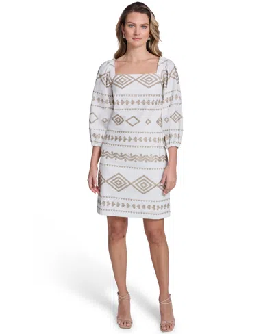 Jessica Howard Petite Embroidered Square Neck Shift Dress In White