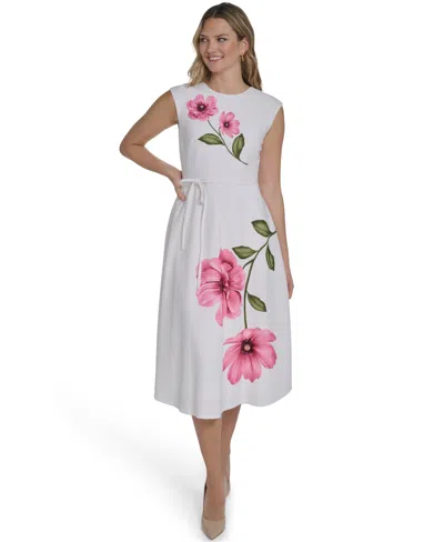 Jessica Howard Petite Extended Cap Belted Jewel Neck Midi Dress In White