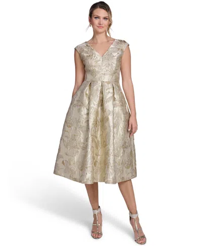 Jessica Howard Petite Extended Sleeves V-neck Dress In Gold