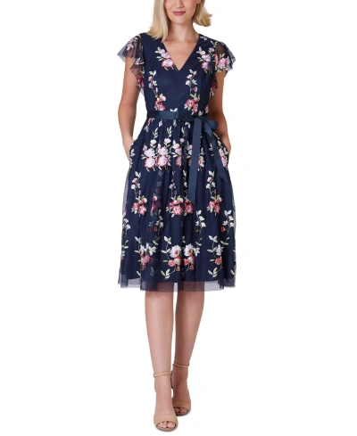 Jessica Howard Petite Flora-print Flutter-sleeve Midi Dress In Navy Multi
