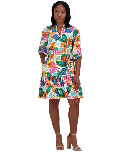 Jessica Howard Petite Floral Balloon-sleeve Split-neck Dress In Ivory Multi