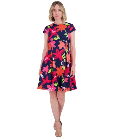 Jessica Howard Petite Floral Cap-sleeve Fit & Flare Dress In Navy Multi