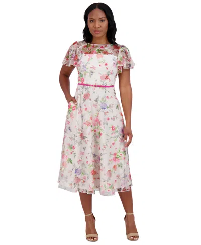 Jessica Howard Petite Floral Flutter-sleeve Belted Midi Dress In Ivory Multi