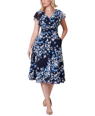 Jessica Howard Petite Floral Flutter-sleeve Midi Dress In Navy Blue