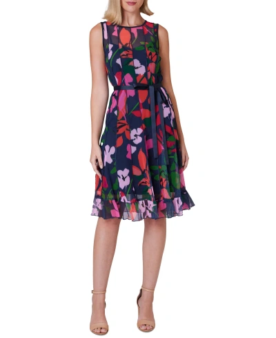 Jessica Howard Petite Floral-mesh Fit & Flare Dress In Navy Multi