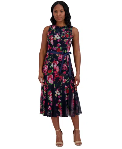 Jessica Howard Petite Floral-mesh Ribbon-waist Midi Dress In Navy Multi