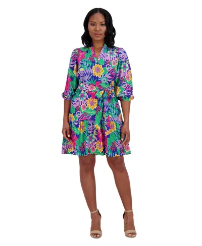 Jessica Howard Petite Floral-print Balloon-sleeve Tiered Dress In Cobalt Multi