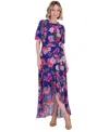 Jessica Howard Women's Floral-print Belted Flutter-sleeve Dress In Cobalt Multi