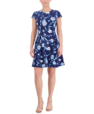 Jessica Howard Plus Size Floral-print Cap-sleeve Dress In Navy
