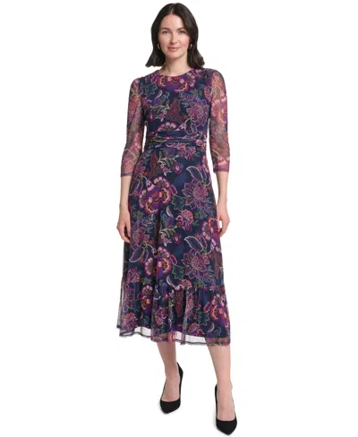 Jessica Howard Petite Floral-print A-line 3/4-sleeve Midi Dress In Navy Multi