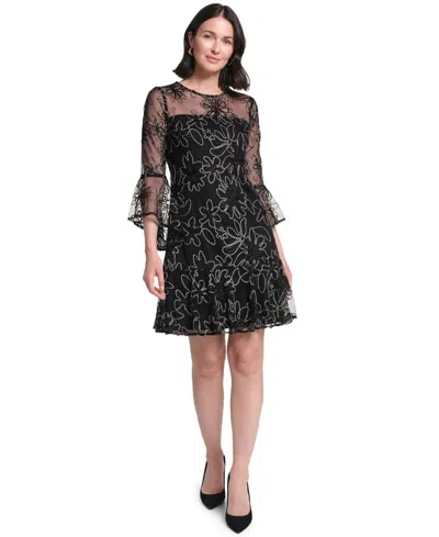 Jessica Howard Petite Floral-print Bell-sleeve A-line Dress In Black