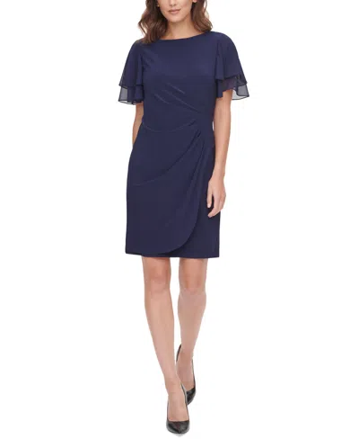 Jessica Howard Petite Flutter-sleeve Tuck Faux Wrap Sheath Dress In Blue