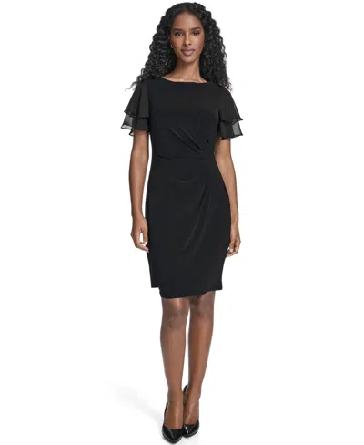 Jessica Howard Petite Flutter-sleeve Tuck Faux Wrap Sheath Dress In Black