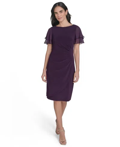 Jessica Howard Petite Flutter-sleeve Tuck Faux Wrap Sheath Dress In Purple
