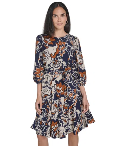 Jessica Howard Petite Jewel Neck Belted Fit And Flare Godet Dress In Multi