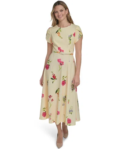 Jessica Howard Petite Jewel Neck Novelty Short-sleeve Dress In Yellow