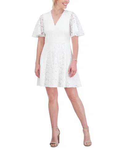 Jessica Howard Petite Lace Flutter-sleeve Fit & Flare Dress In Ivory