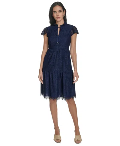Jessica Howard Petite Lace Scalloped-hem Flutter-sleeve Dress In Blue