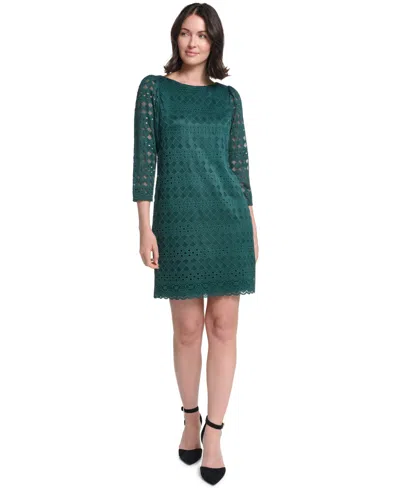 Jessica Howard Petite Lace Shift Boat Neck 3/4-sleeve Dress In Green