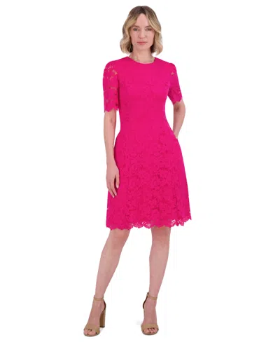 Jessica Howard Petite Lace Short-sleeve A-line Dress In Fuchsia