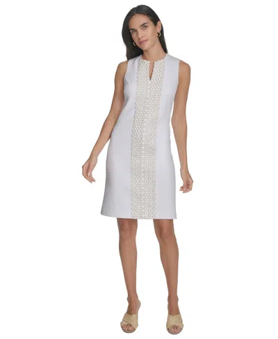 Jessica Howard Petite Lace-trim Split-neck Dress In White
