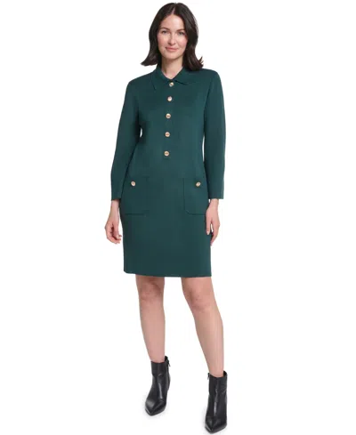 Jessica Howard Petite Long-sleeve Button-front Shift Sweater Dress In Green