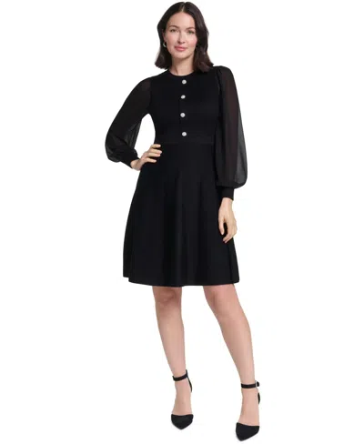 Jessica Howard Petite Long-sleeve Midi Fit & Flare Dress In Black