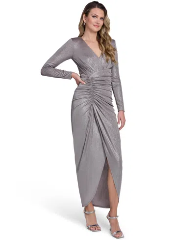 Jessica Howard Petite Long-sleeve V-neck Gown In Gray