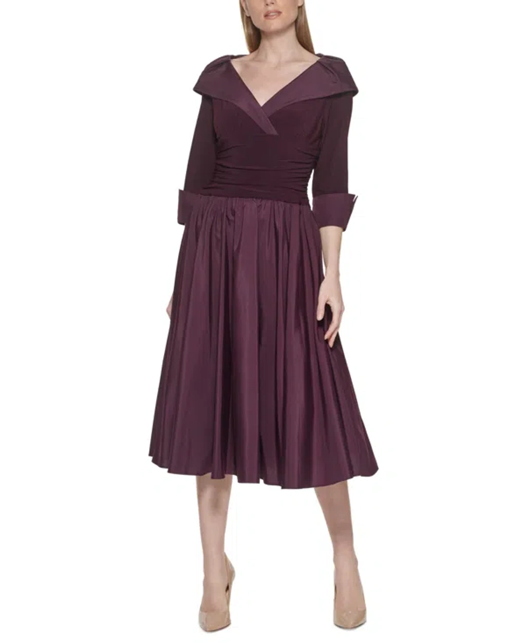 Jessica Howard Petites Womens Mixed Media Polyester Fit & Flare Dress In  Eggplant | ModeSens