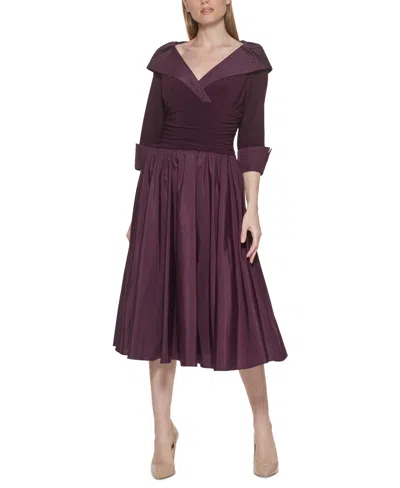Jessica Howard Petites Womens Mixed Media Polyester Fit & Flare Dress In Eggplant