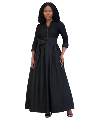 Jessica Howard Petite Mixed-media Tie-waist Ball Gown In Black | ModeSens