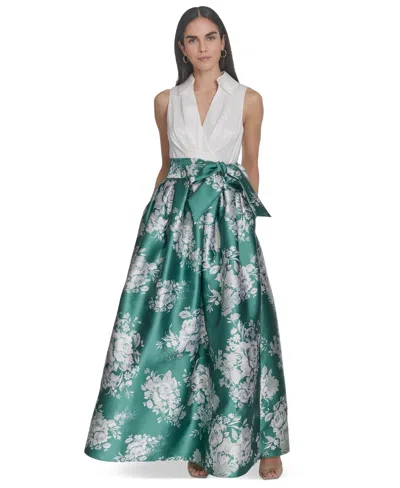 Jessica Howard Petite Mixed-media V-neck Pleated Gown In Ivy