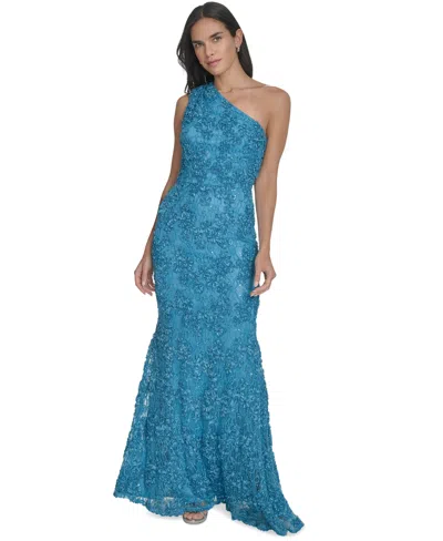 Jessica Howard Petite One-shoulder Sequin Lace Gown In Blue