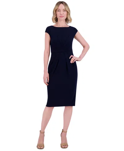 Jessica Howard Petite Pleat-front Cap-sleeve Boat-neck Dress In Navy