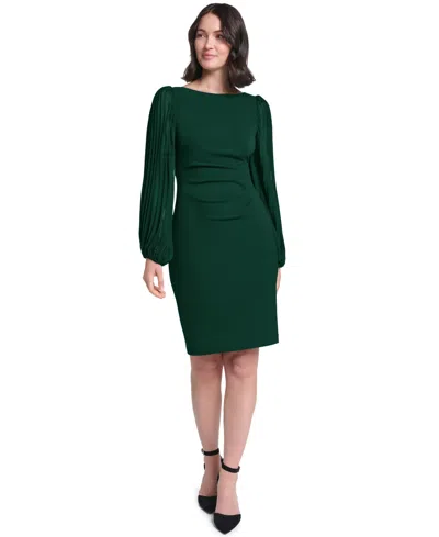Jessica Howard Petite Pleated Sleeve Side Tuck Dress In Green