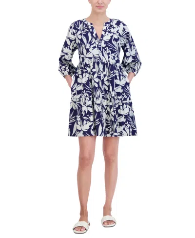 Jessica Howard Petite Printed Button-front A-line Dress In Navy,white