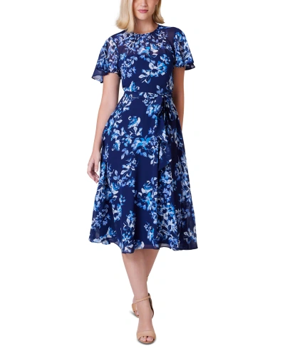 Jessica Howard Petite Printed Chiffon Belted Dress In Navy