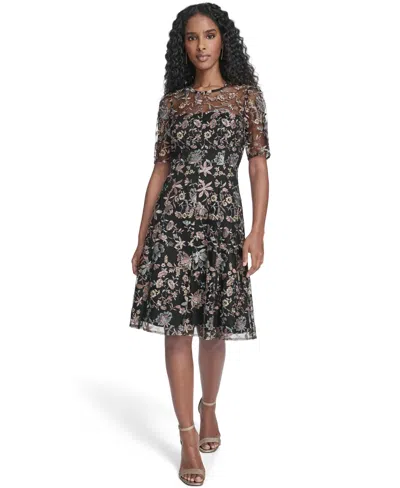 Jessica Howard Petite Printed Elbow Sleeve Fit & Flare Dress In Black
