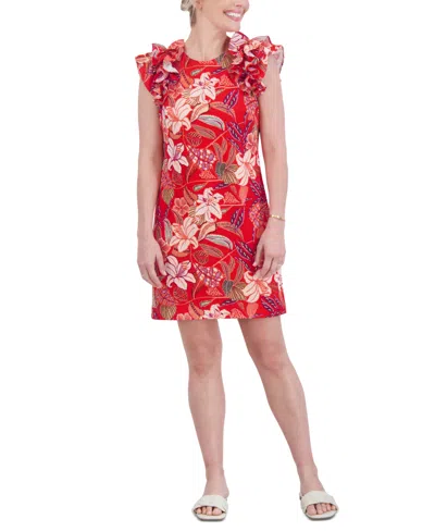Jessica Howard Petite Printed Jewel-neck Ruffle-sleeve Dress In Red