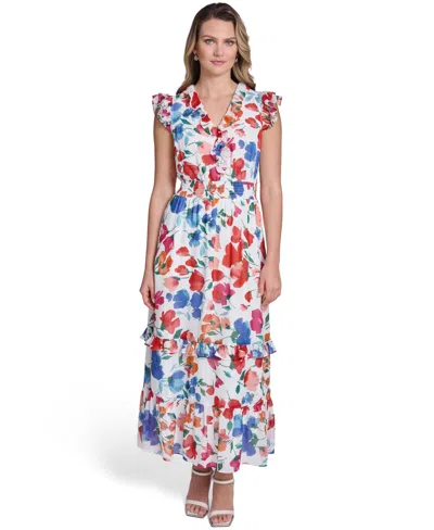 Jessica Howard Petite Printed Smocked-waist Midi Dress In Multi