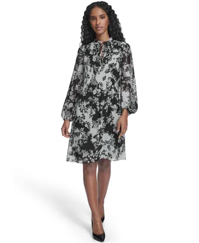 Jessica Howard Petite Printed Tie Split Neck Pleated Bodice Dress In Multi