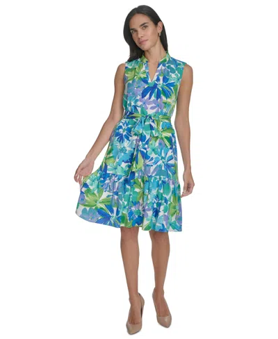 Jessica Howard Petite Printed Tie-waist Tiered Dress In Blue Multi