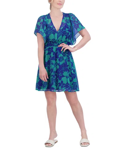 Jessica Howard Petite Printed V-neck Short-sleeve Dress In Blue,green