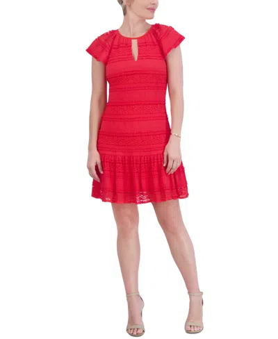 Jessica Howard Petite Round-neck Short-sleeve Lace Dress In Red