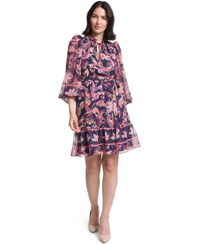 Jessica Howard Petite Ruffle Neck Puff Sleeve Fit-and-flare Dress In Multi
