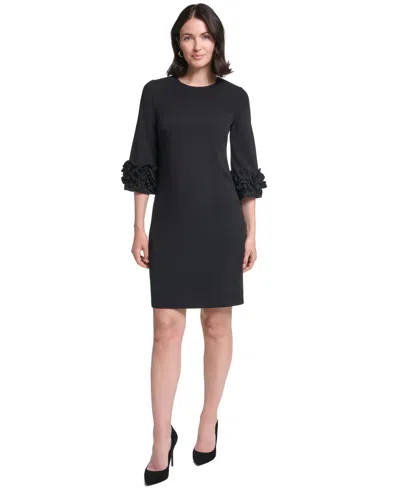 Jessica Howard Petite Ruffle-sleeve Jewel Neck Dress In Black