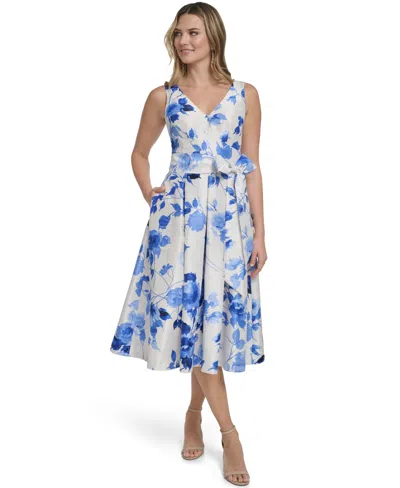 Jessica Howard Petite Shantung Sleeveless V-neck Dress In Blue